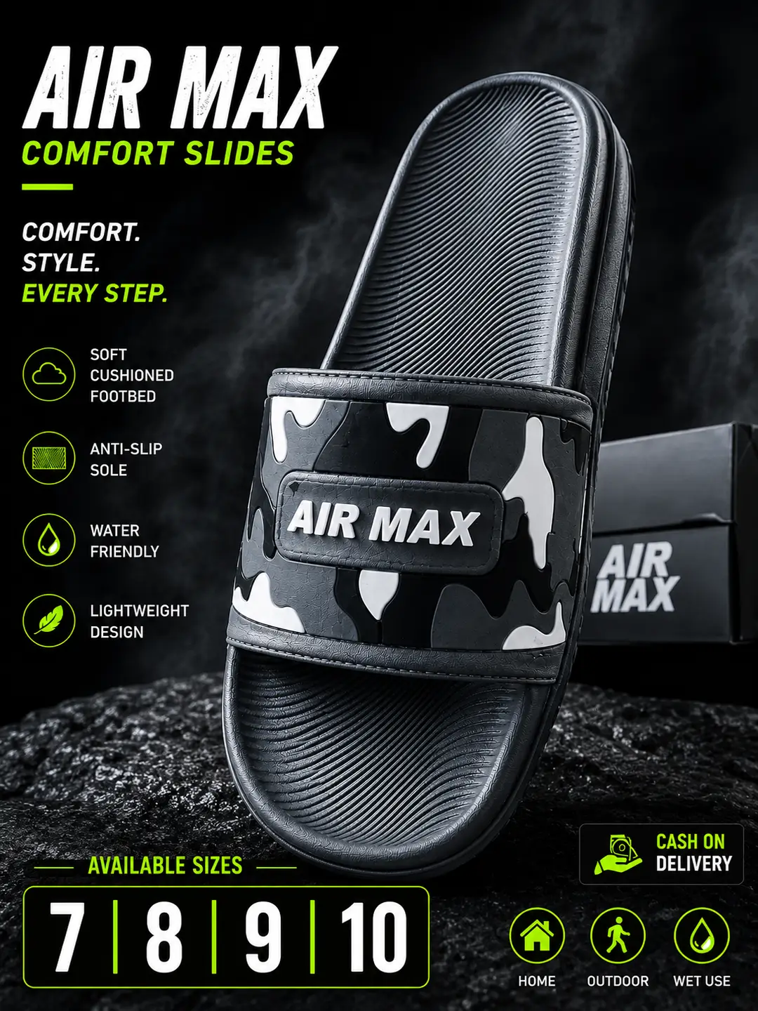 Air Max Camo Slides for Men – Lightweight Comfort Slippers with Anti-Slip Sole (Black)