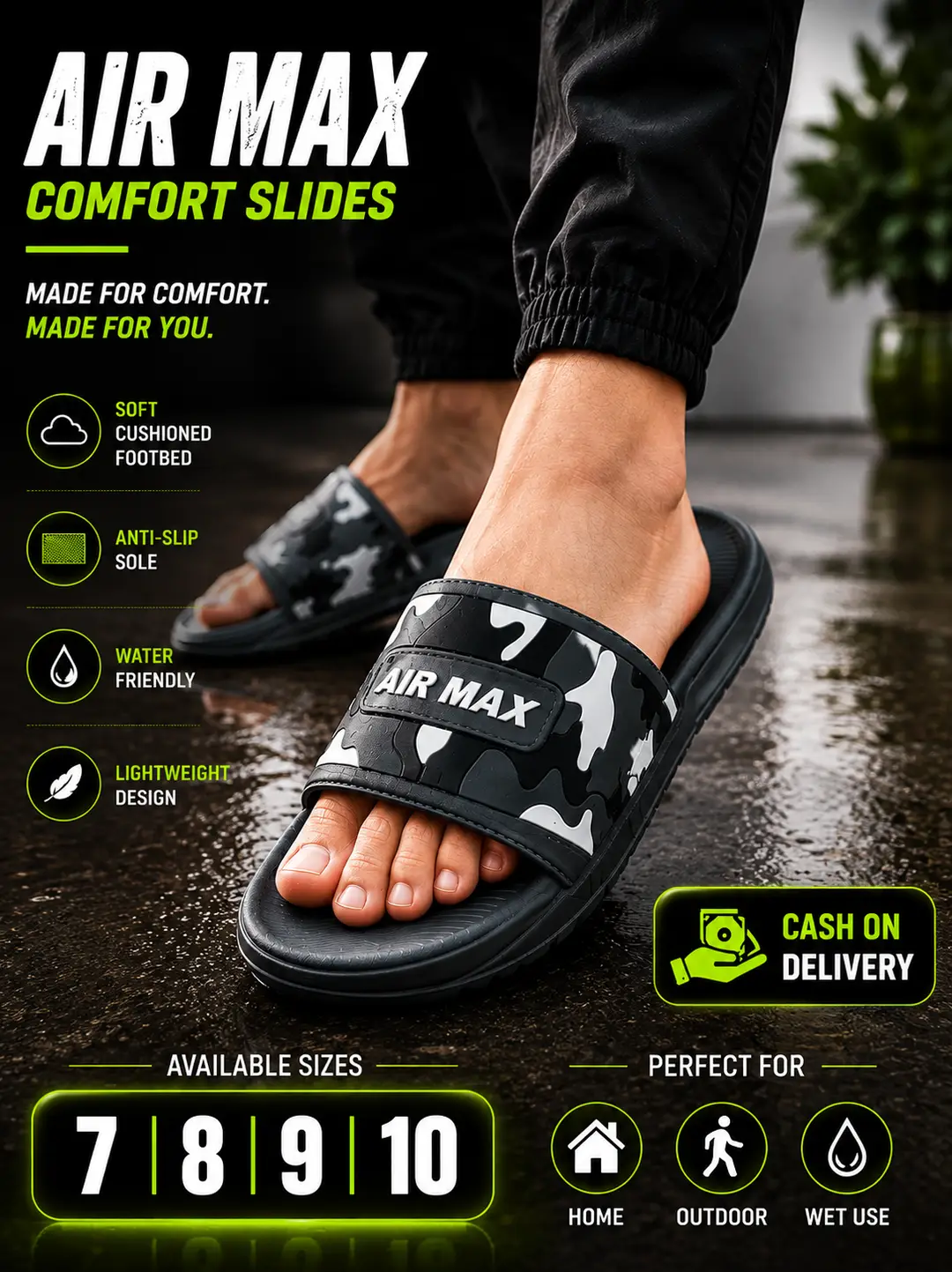 Air Max Camo Slides for Men – Lightweight Comfort Slippers with Anti-Slip Sole (Black)