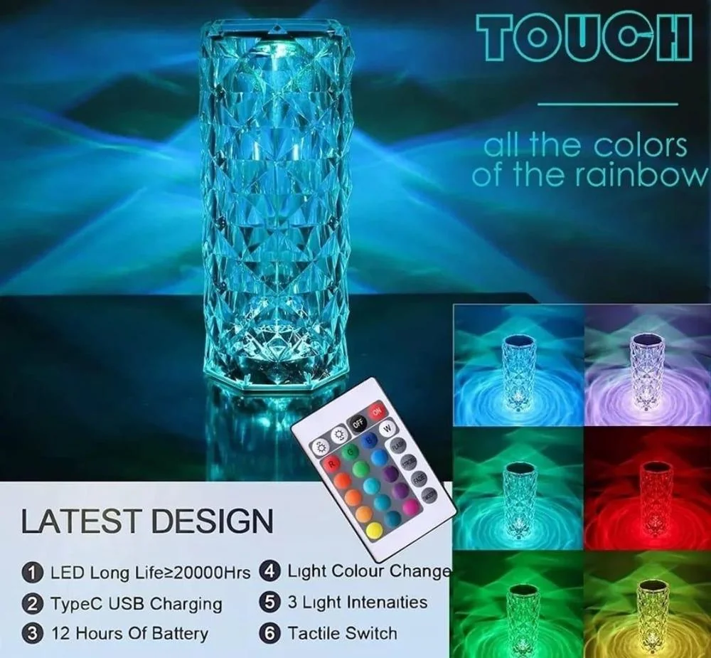 Crystal Diamond Table Lamp with 16 Color RGB Touch Control USB Charging