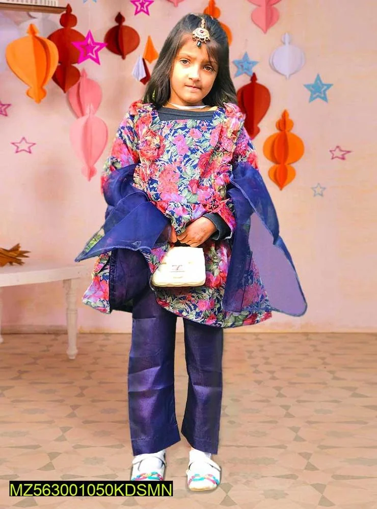 Girls Floral Cotton 2-Piece Set Blue Trousers