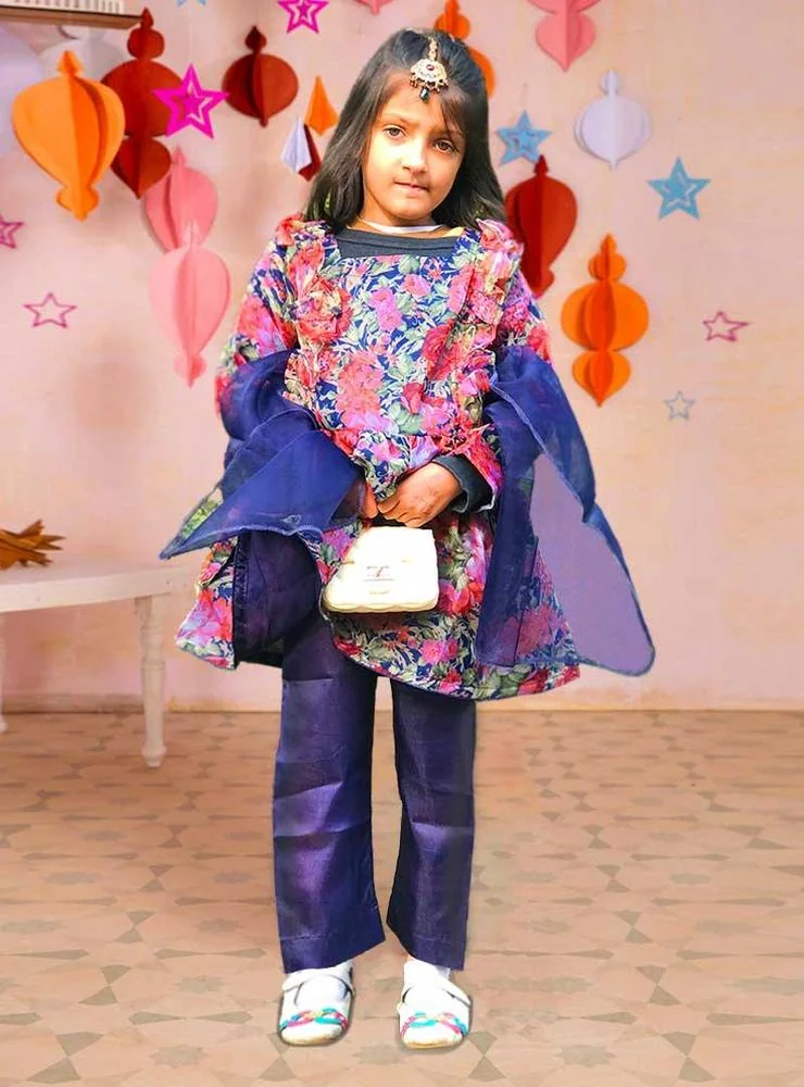 Girls Floral Cotton 2-Piece Set Blue Trousers
