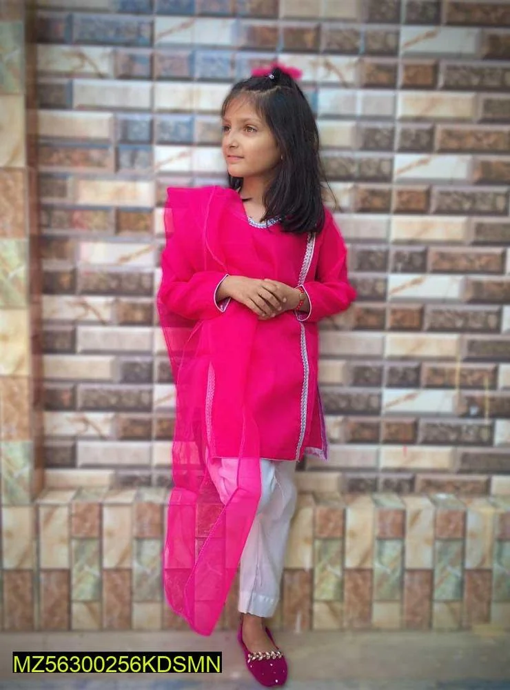 Pink Cotton Kurta Set for Kids with Silver Embroidery