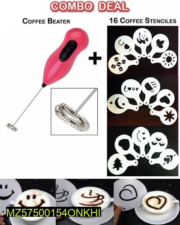 Coffee Beater with Stencils, Handheld Mixer