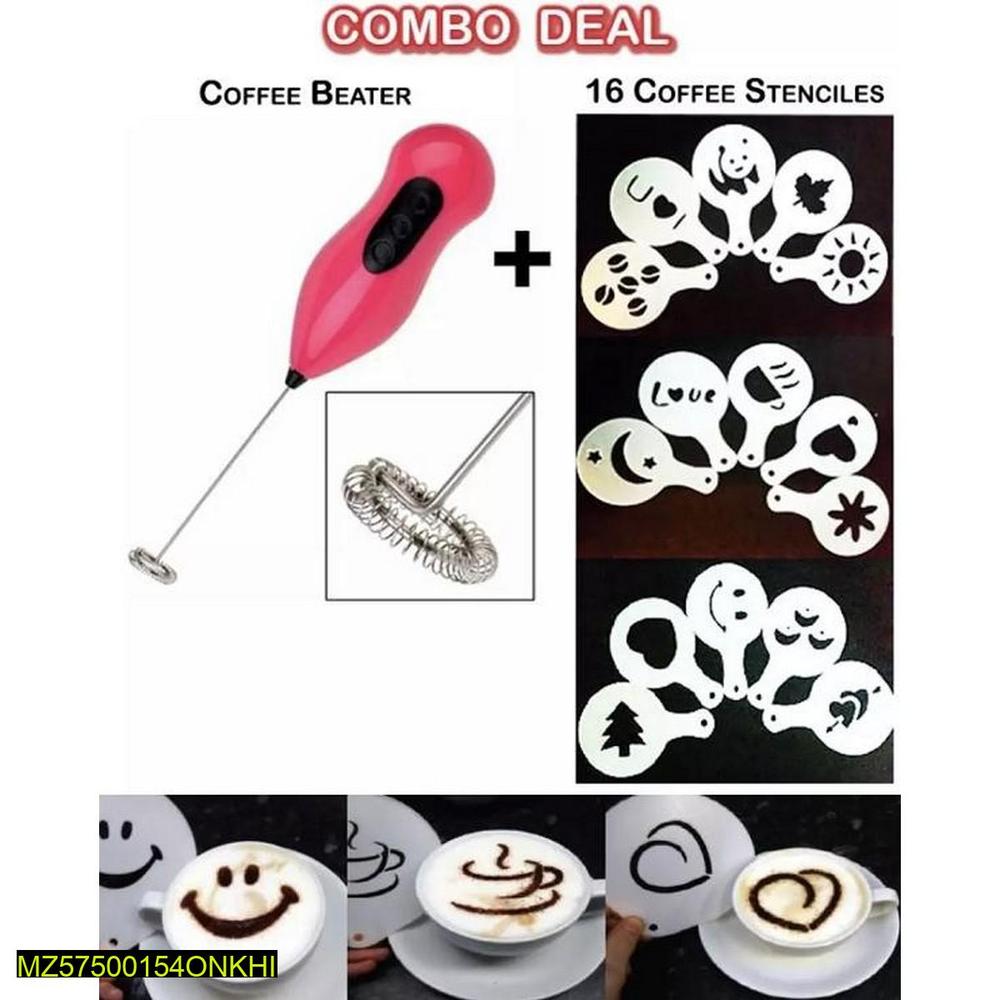 Coffee Beater with Stencils, Handheld Mixer
