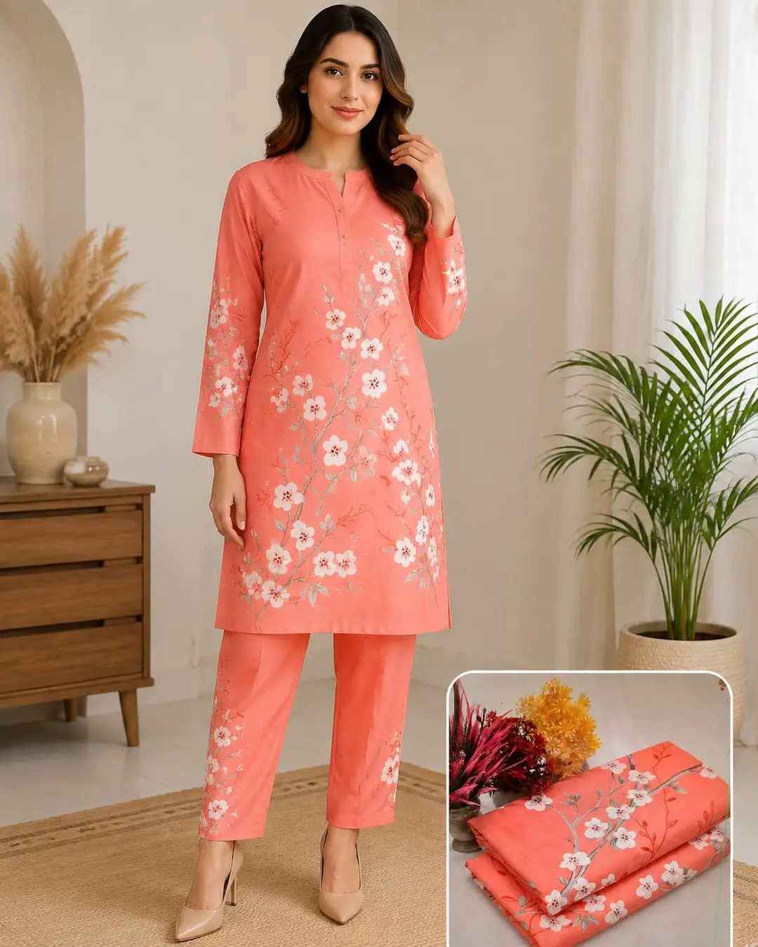 2 Pcs Women's Unstitched 3-D Block Printed Suit