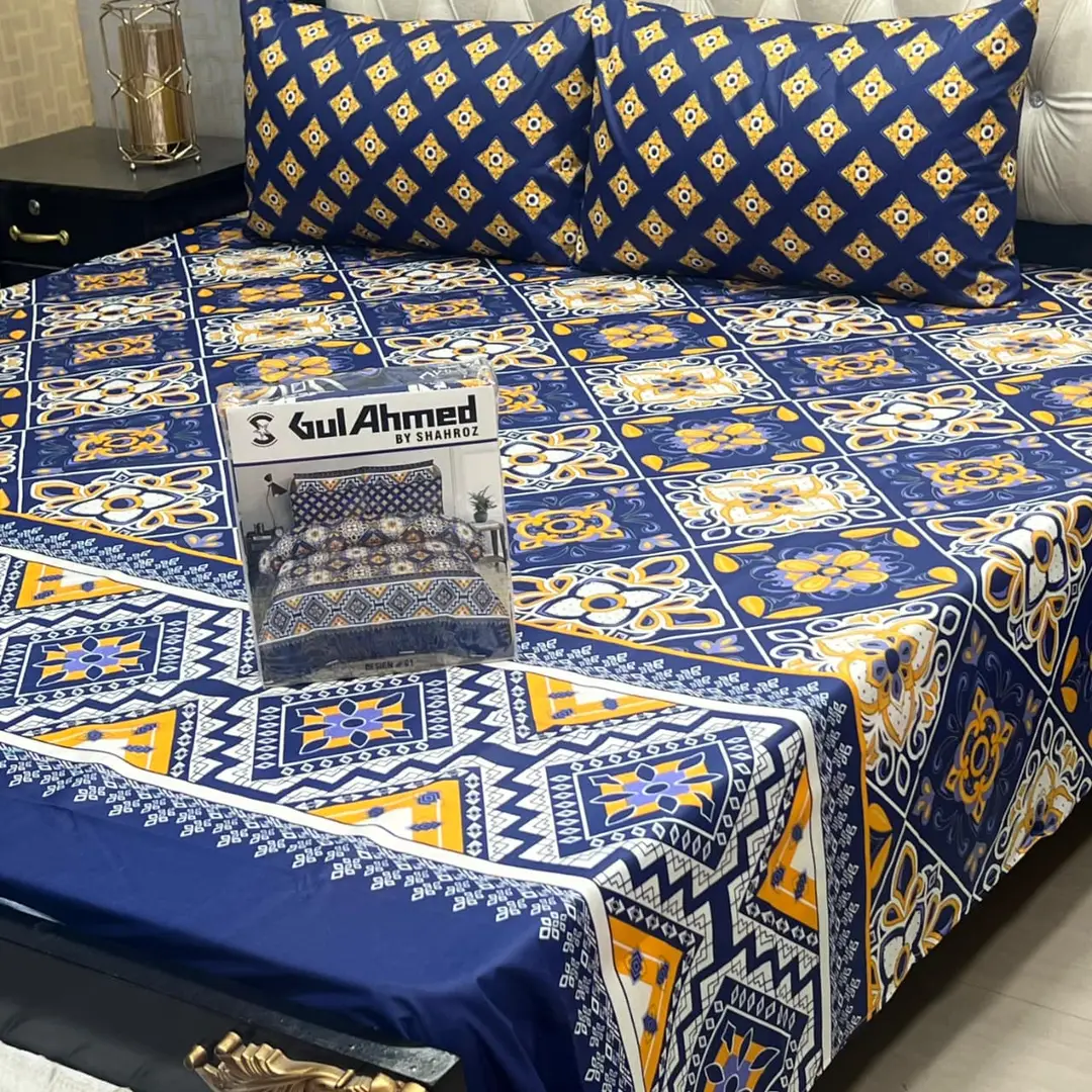 3 Pcs Cotton Printed Double Bedsheet