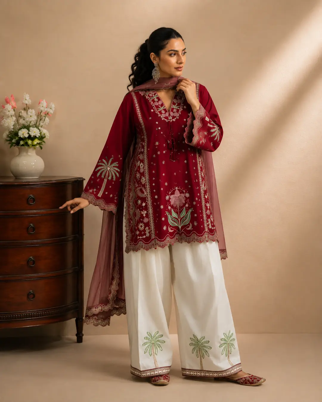 3 Pcs Women's Stitched Cotton Embroidered Suit