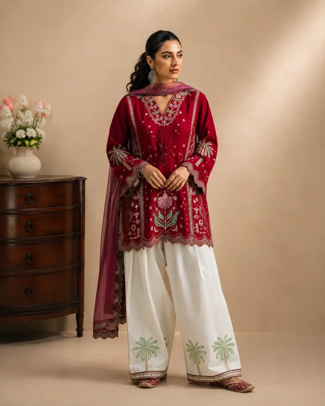 3 Pcs Women's Stitched Cotton Embroidered Suit