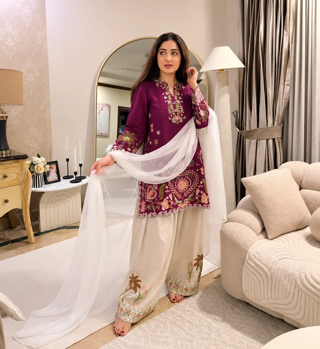 3 Pcs Women's Stitched Cotton Embroidered Suit