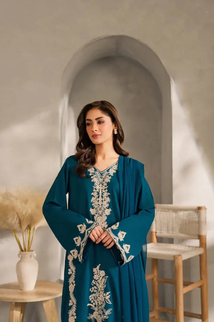 3 Pcs Women's Stitched Linen Embroidered Suit