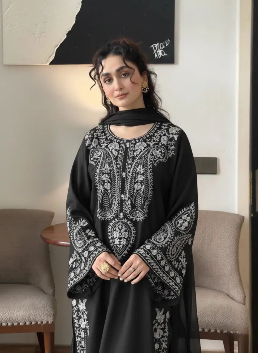 3 Pcs Women's Stitched Linen Embroidered Suit