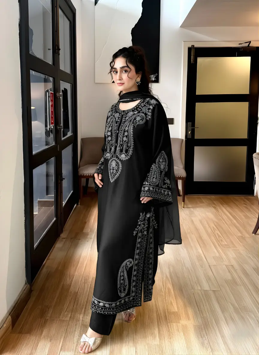 3 Pcs Women's Stitched Linen Embroidered Suit