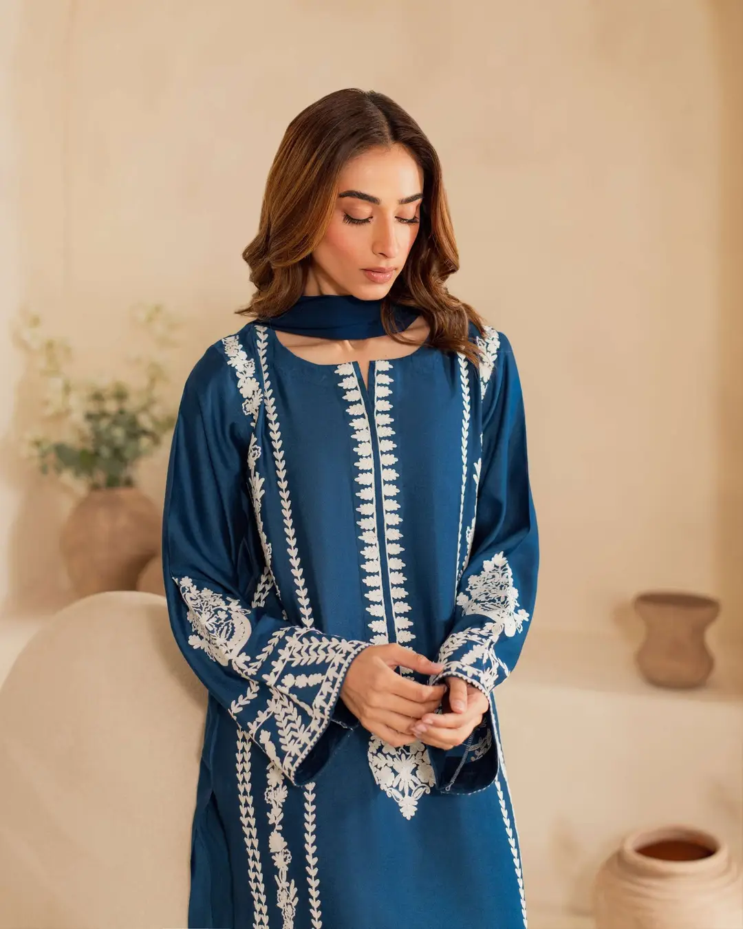3 Pcs Women's Stitched Linen Embroidered Suit