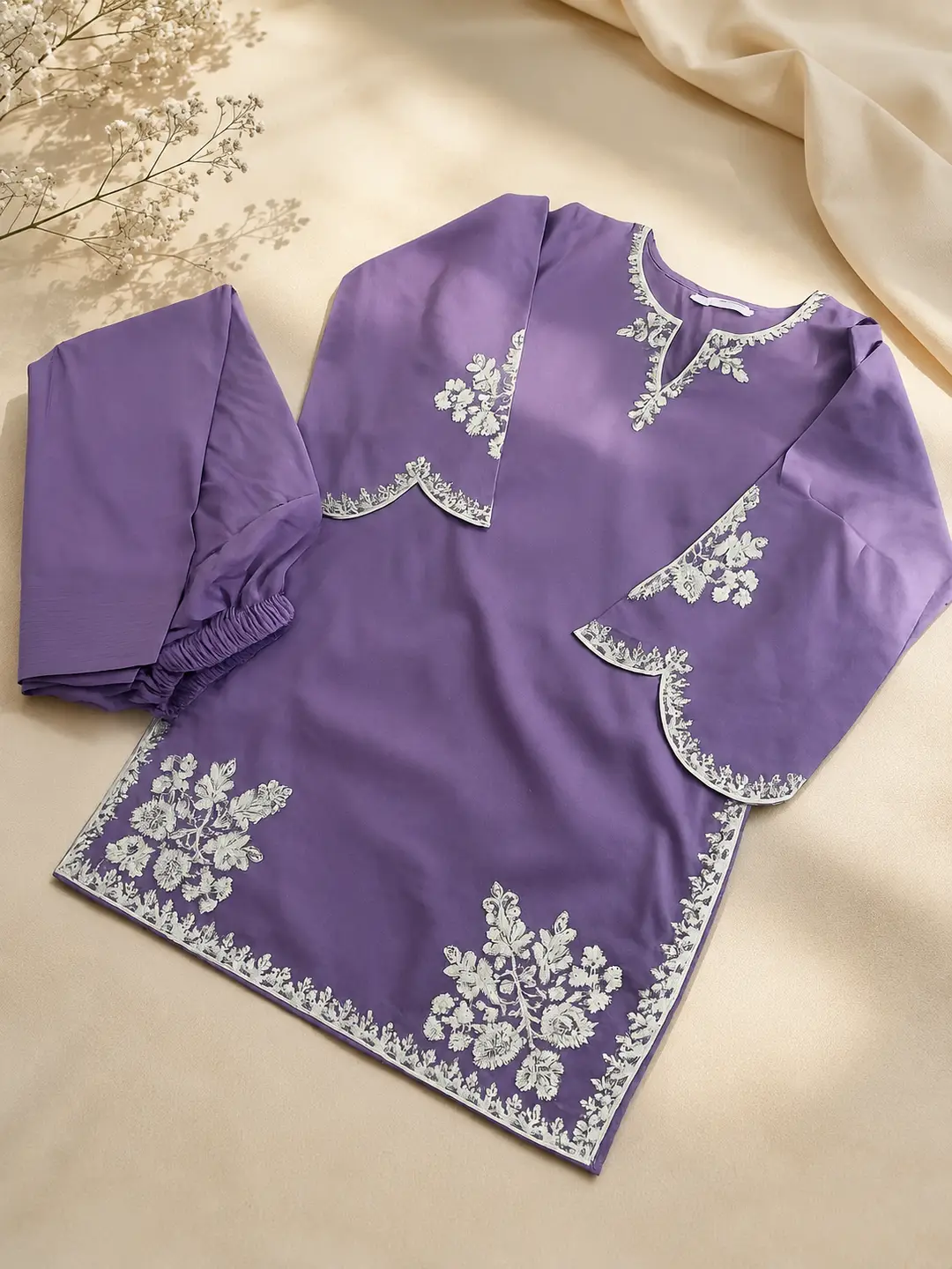 3 Pcs Women's Stitched Cotton Embroidered Suit