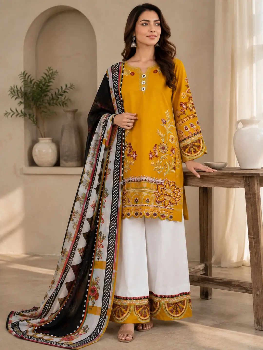 3 Pcs Women's Stitched Cotton Embroidered Suit