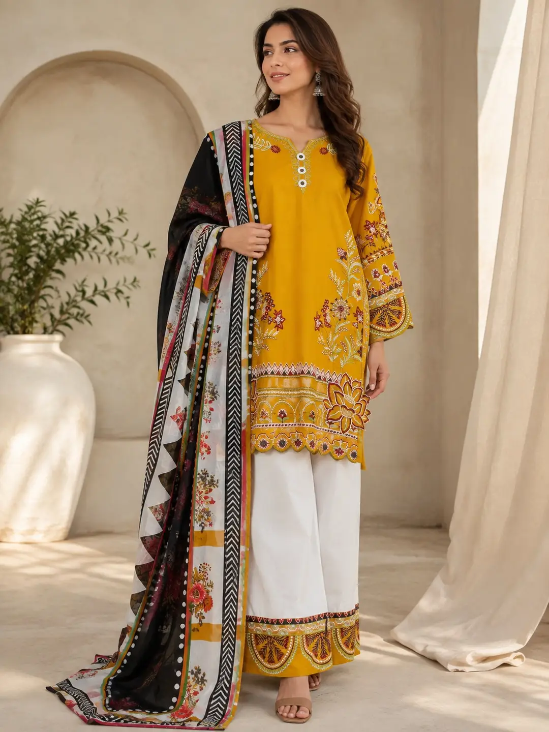 3 Pcs Women's Stitched Cotton Embroidered Suit