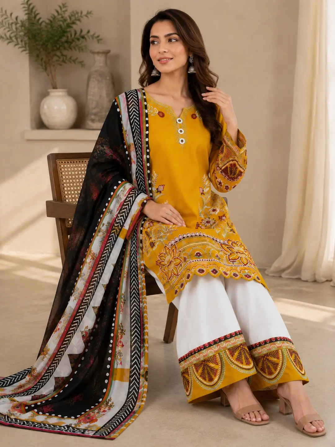 3 Pcs Women's Stitched Cotton Embroidered Suit