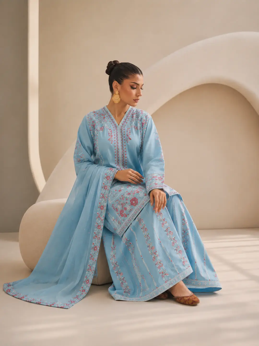 3 Pcs Women's Stitched Cotton Embroidered Suit