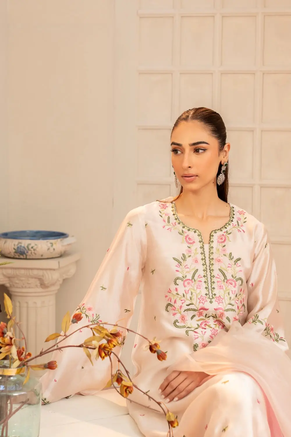 3 Pcs Women's Stitched Silk Embroidered Suit
