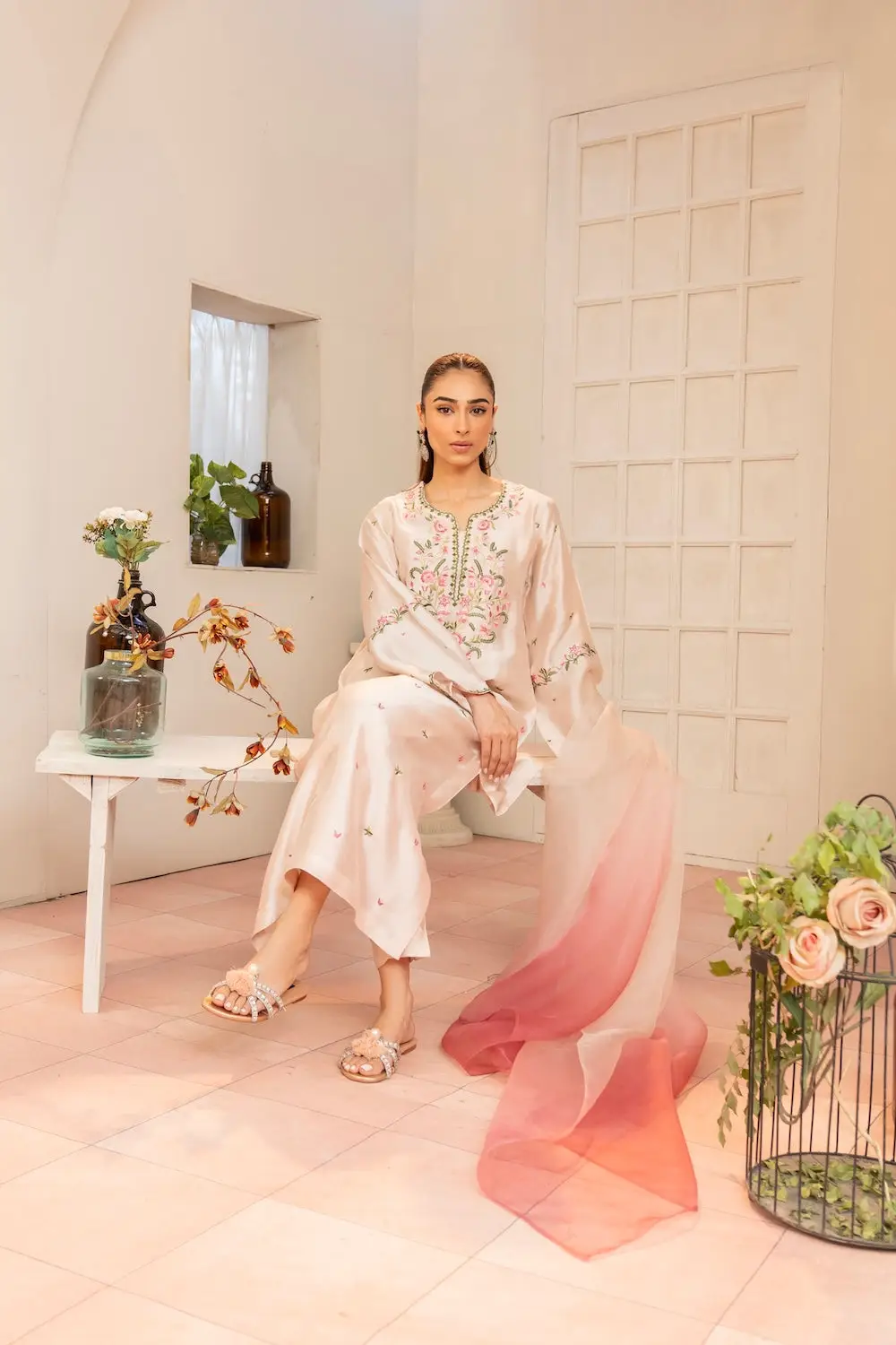 3 Pcs Women's Stitched Silk Embroidered Suit