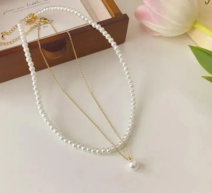 Double Layer Pearl & Gold Plated Necklace for Women 40cm