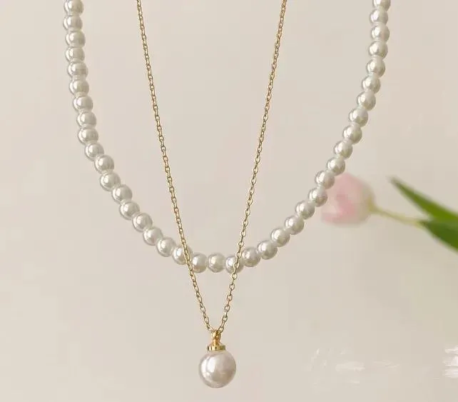 Double Layer Pearl & Gold Plated Necklace for Women 40cm