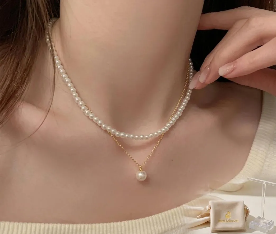 Double Layer Pearl & Gold Plated Necklace for Women 40cm