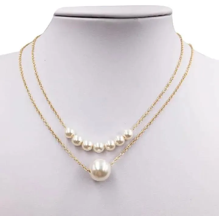 2 Layered Gold Plated Pearl Necklace for Women