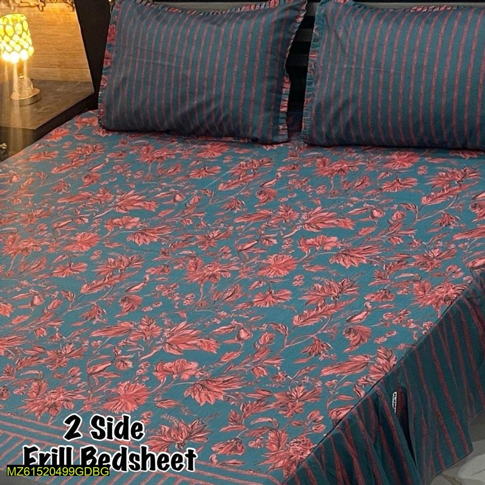 Premium Cotton Bedsheet Green Red Floral Frill Double Bed