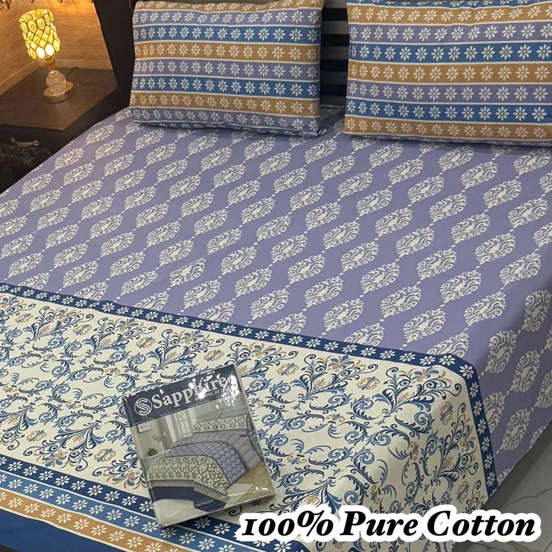 Cotton Printed Bedsheet Set Double Bed Purple 3 Pcs