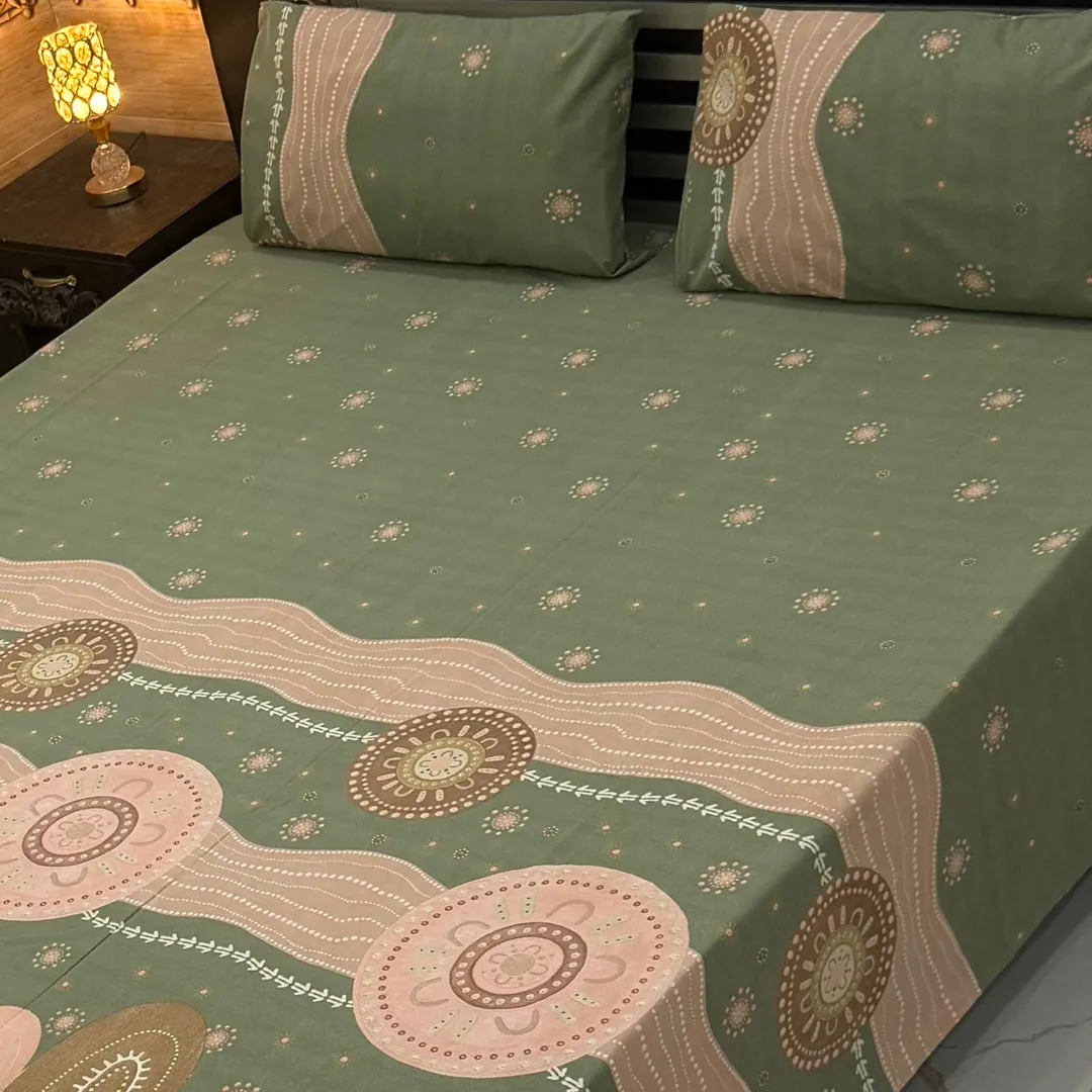 3 Pcs Cotton Printed Double Bedsheet