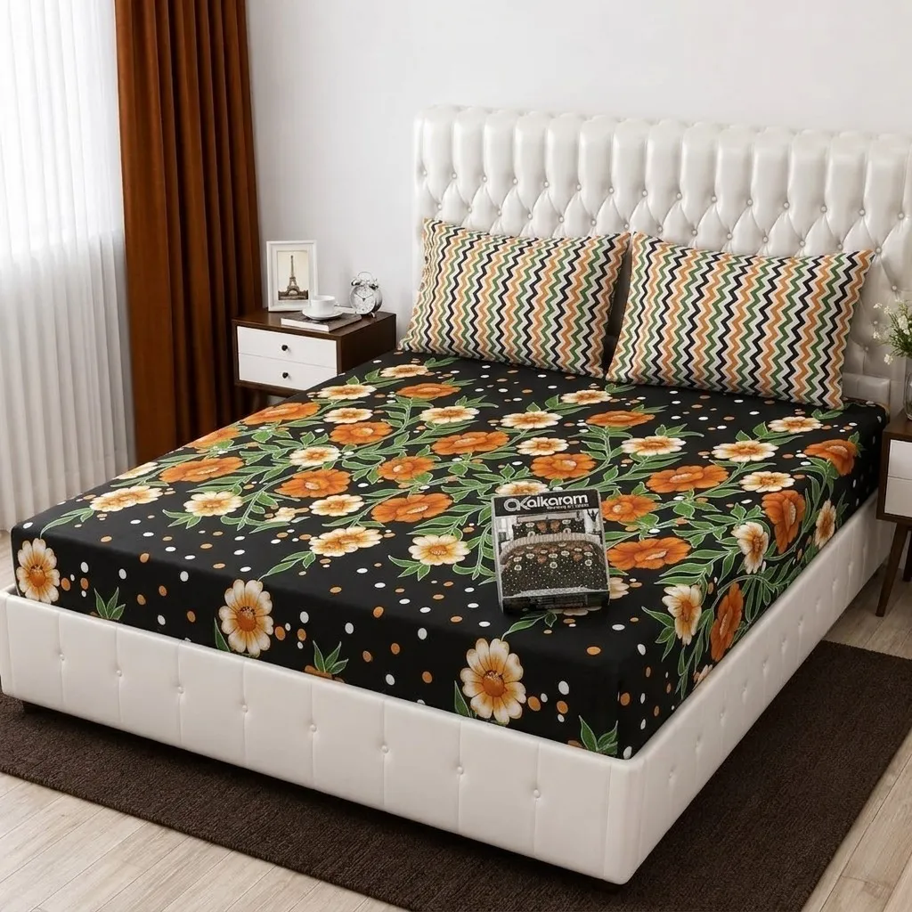 3 Pcs Cotton Salonica Printed Double Bedsheet
