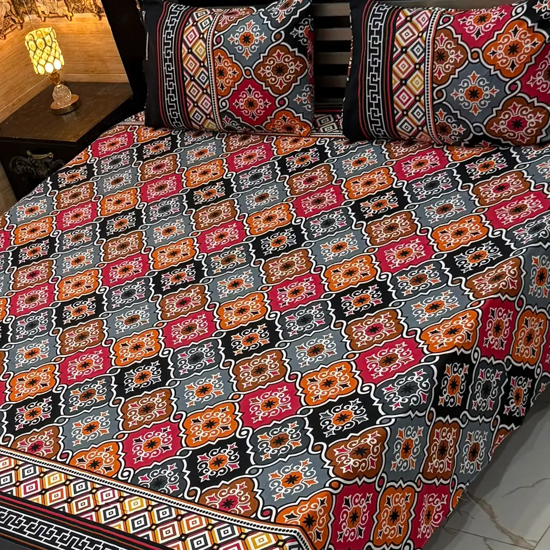 Vibrant 3 Pcs Cotton Sotton Printed Double Bedsheet