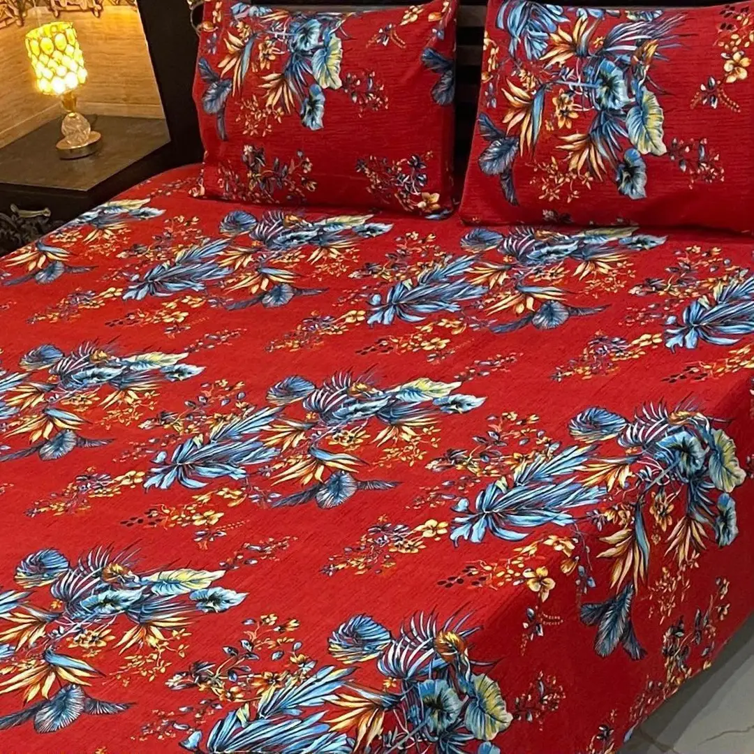 Vibrant 3 Pcs Cotton Sotton Printed Double Bedsheet