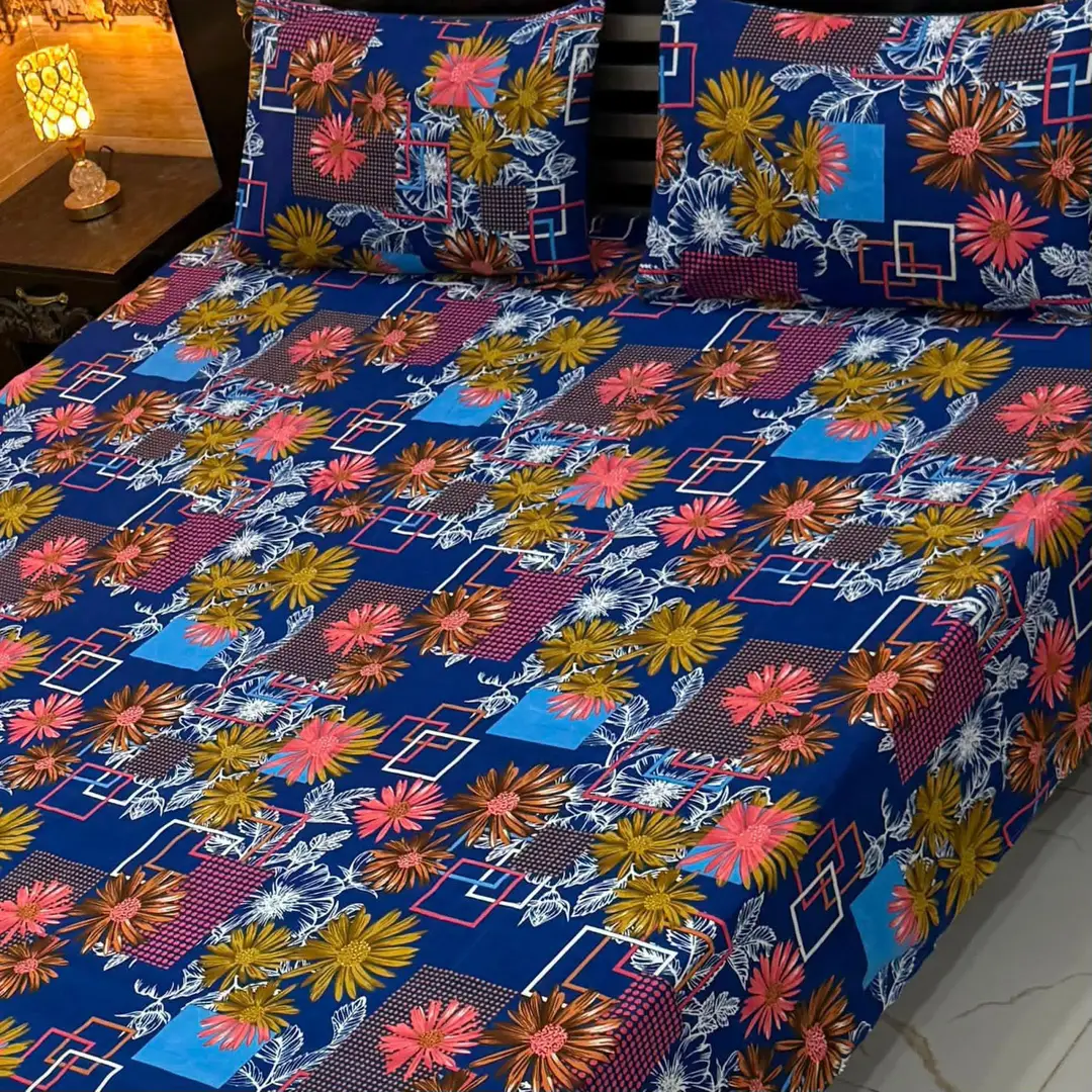 Vibrant 3 Pcs Cotton Sotton Printed Double Bedsheet