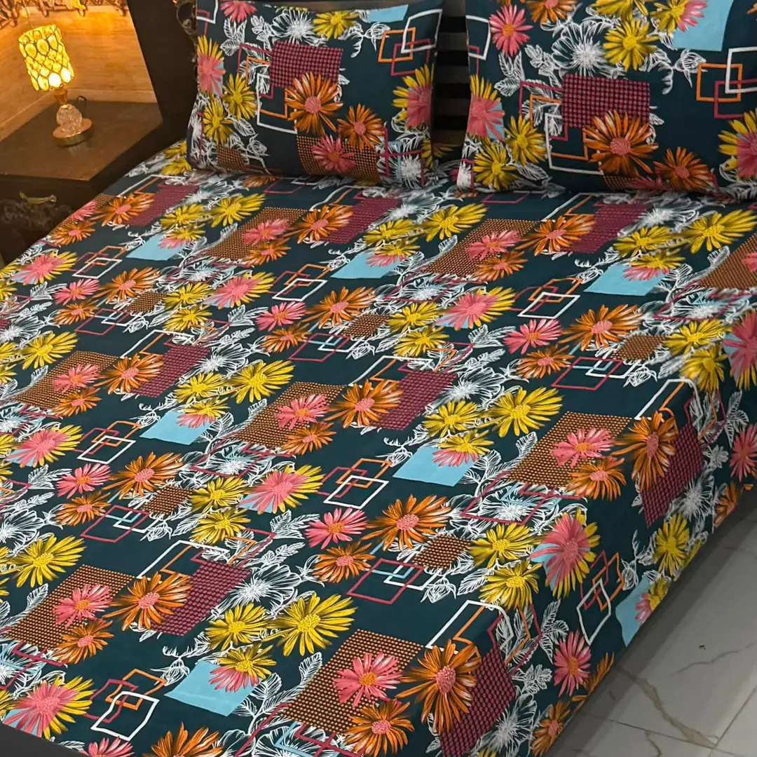 Vibrant 3 Pcs Cotton Sotton Printed Double Bedsheet