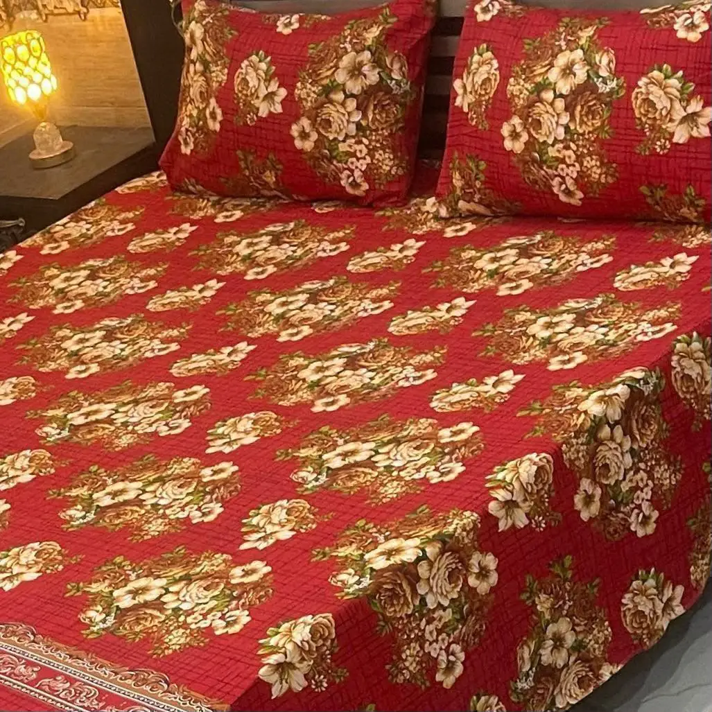 Vibrant 3 Pcs Cotton Sotton Printed Double Bedsheet