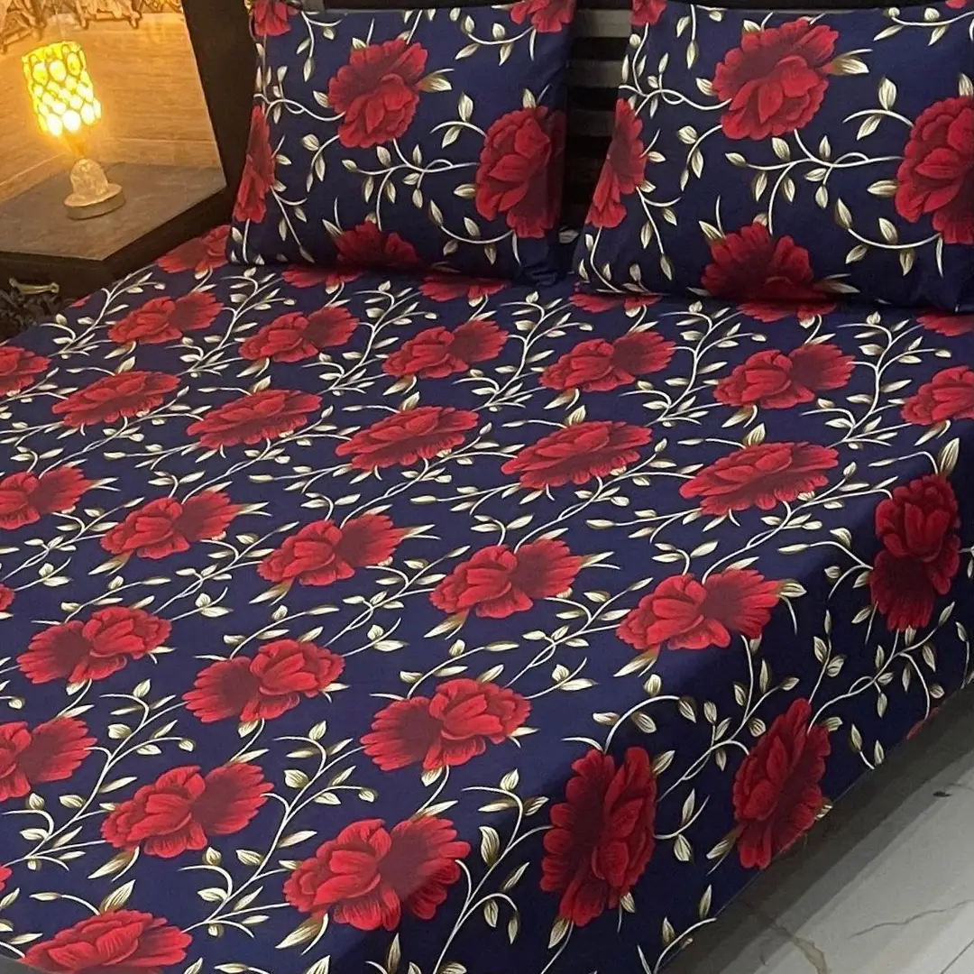 Vibrant 3 Pcs Cotton Sotton Printed Double Bedsheet