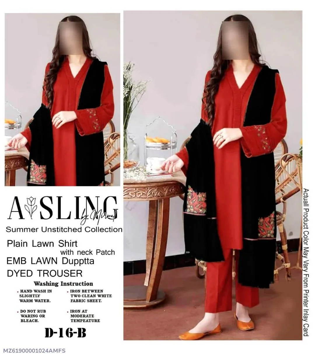 3 Pcs Women's Unstitched Embroidered Suit