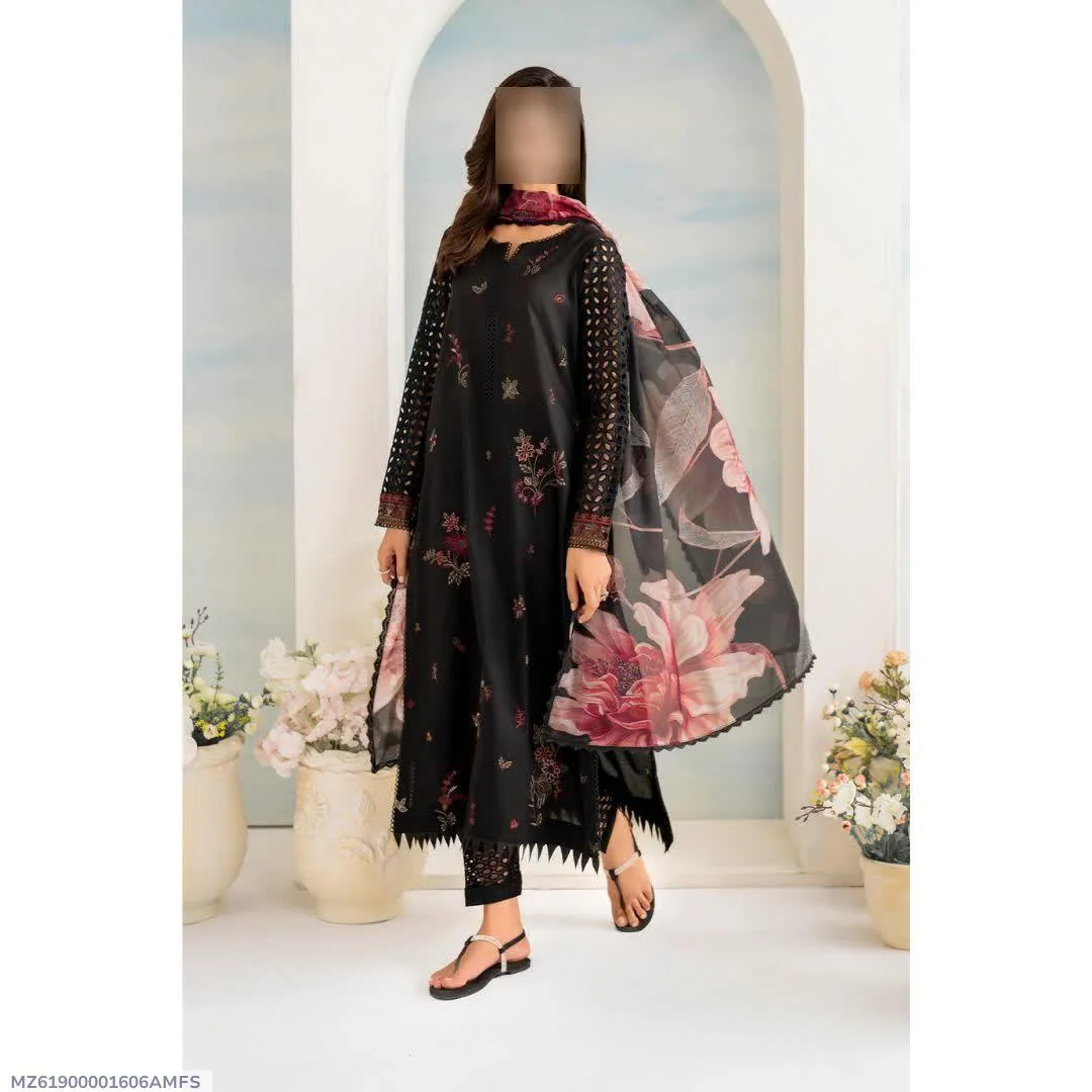 Black Chikankari Lawn 3Pcs Suit with Floral Dupatta