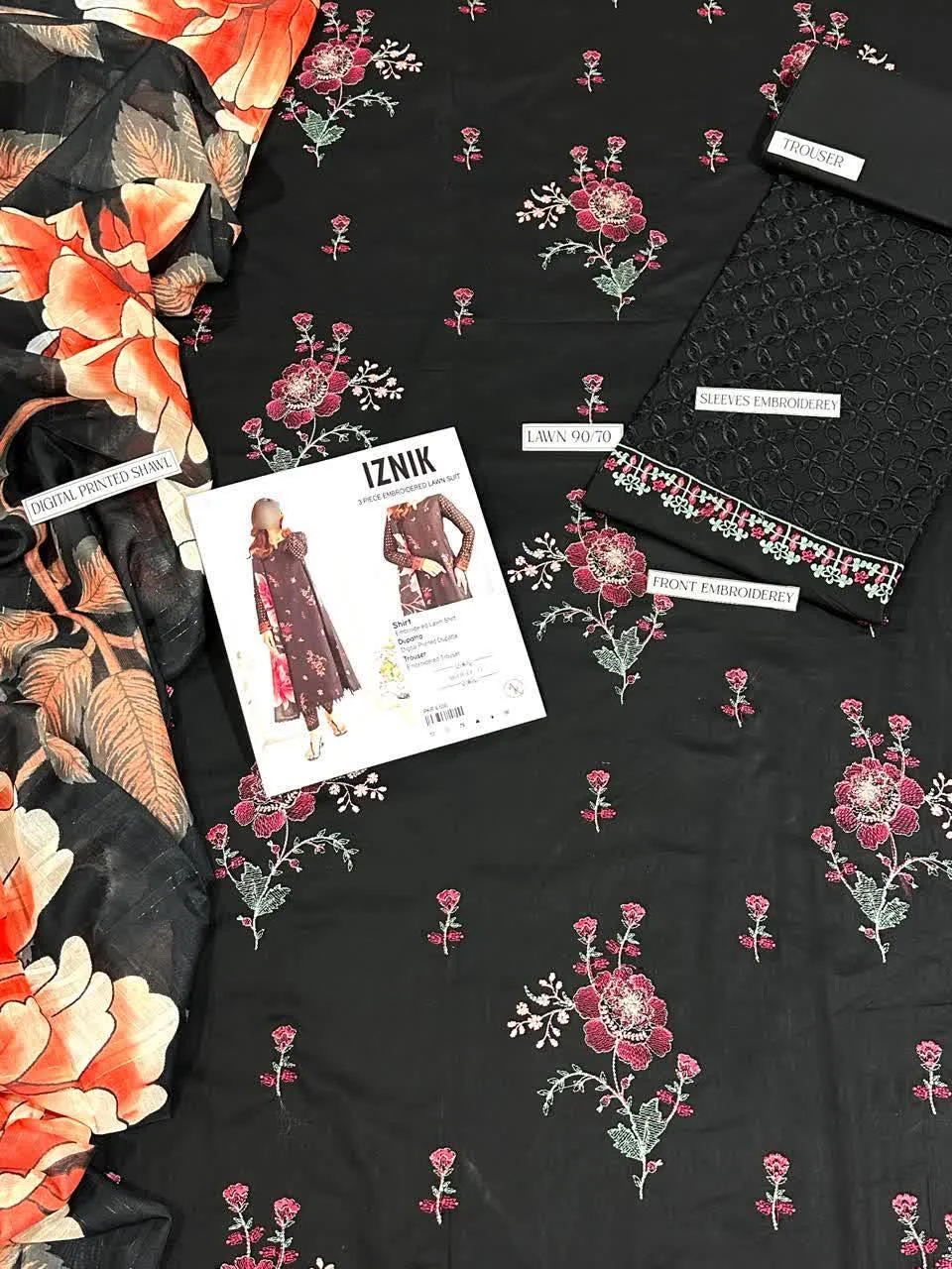 Black Chikankari Lawn 3Pcs Suit with Floral Dupatta