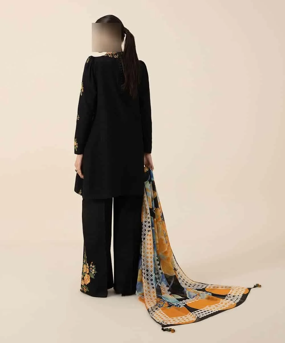Black Embroidered 3 Pcs Women Suit with Printed Dupatta