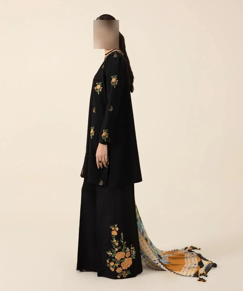 Black Embroidered 3 Pcs Women Suit with Printed Dupatta
