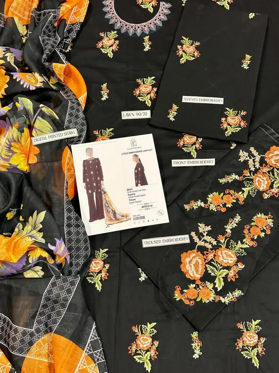 Black Embroidered 3 Pcs Women Suit with Printed Dupatta