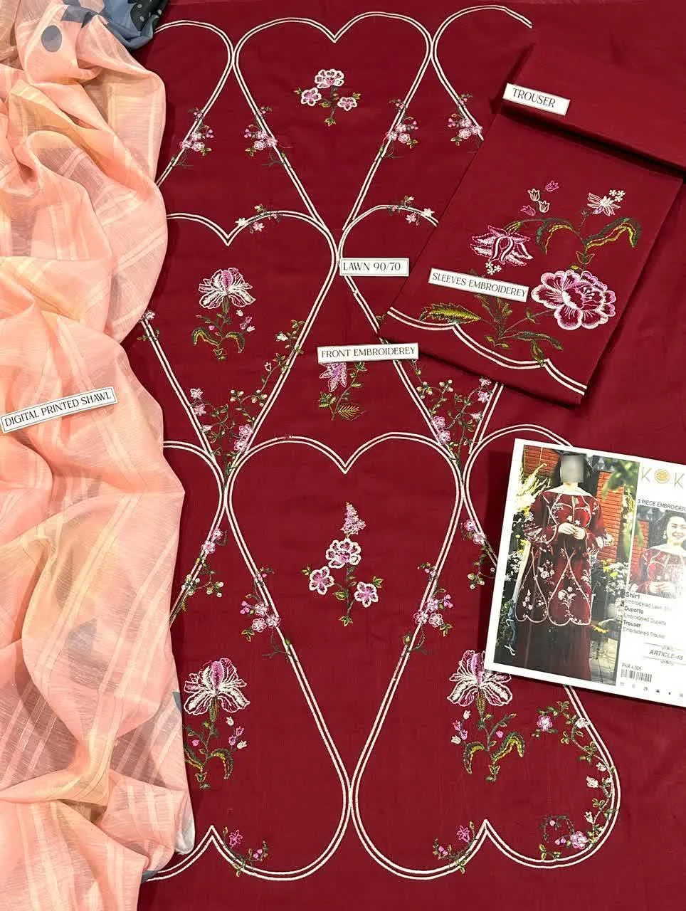 Maroon Embroidered Women's 3 Pcs Suit Set