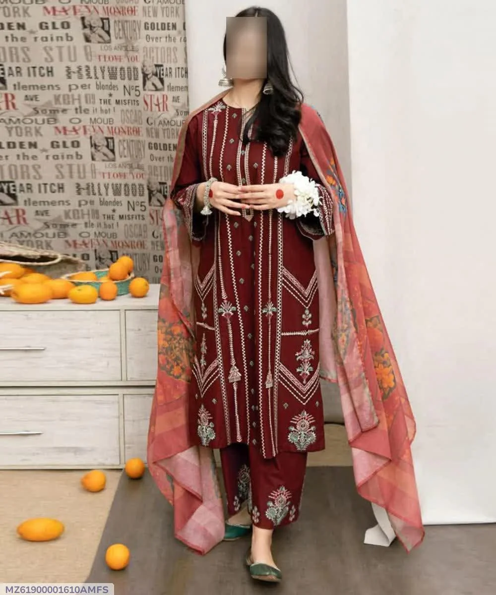 Maroon Embroidered 3 Pcs Lawn Suit for Eid Weddings