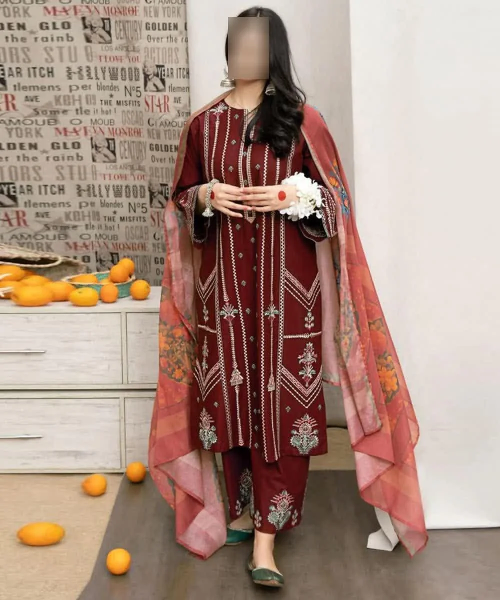Maroon Embroidered 3 Pcs Lawn Suit for Eid Weddings