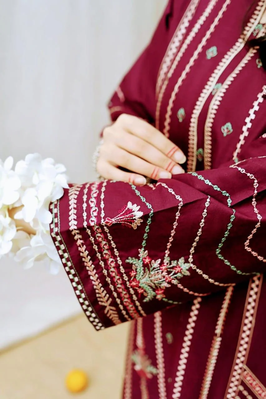 Maroon Embroidered 3 Pcs Lawn Suit for Eid Weddings