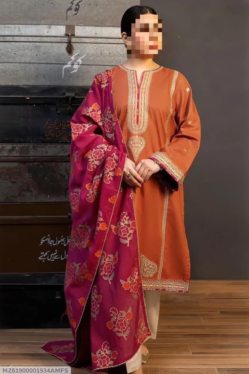 Brown Embroidered 3-Piece Women's Suit with Pashmina Dupatta