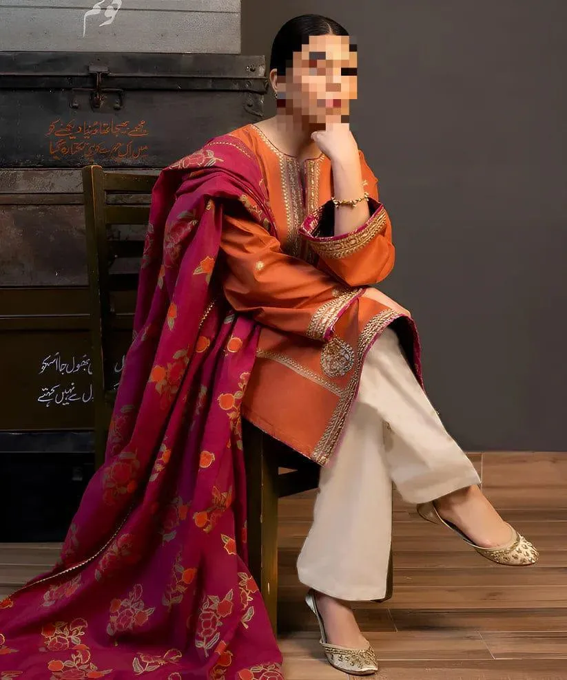 Brown Embroidered 3-Piece Women's Suit with Pashmina Dupatta
